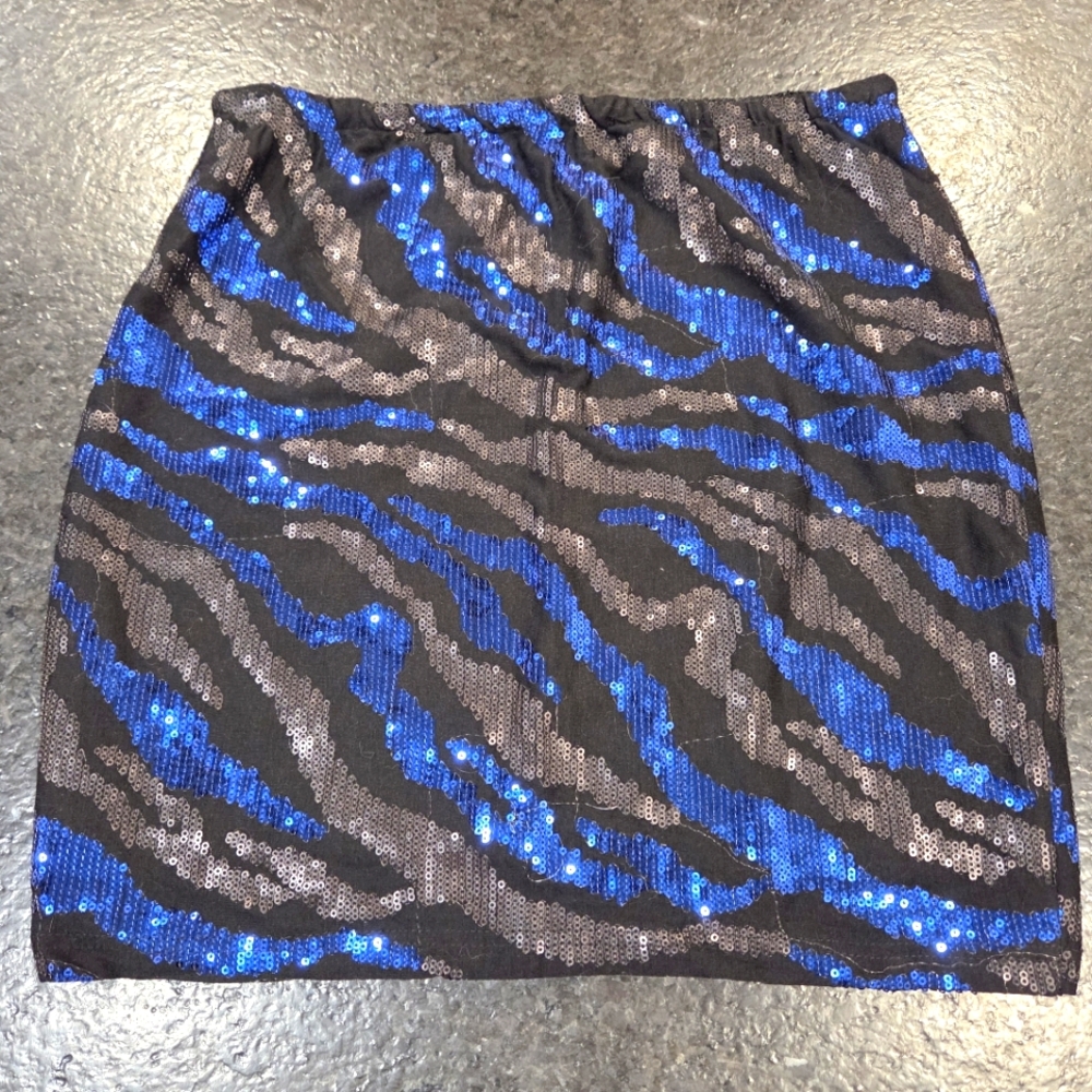 Blue and Black Sequin‎ Mini Pencil Skirt Holiday Party Lined Statement Women S